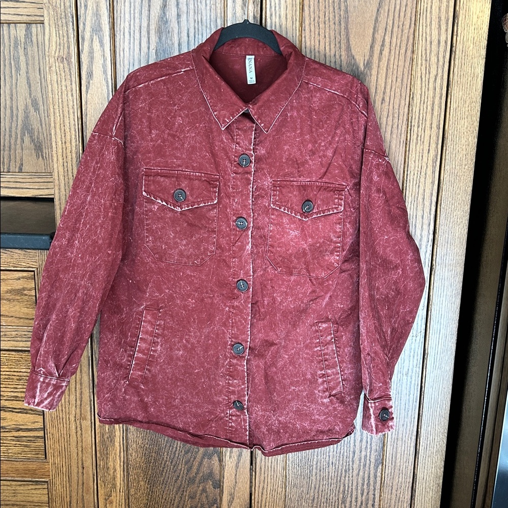 Zenana Oversized Maroon Burgundy Collared Button‎ Down Shirt Acid Washed Medium